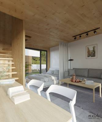 Na zdjęciu przedstawiony jest pokój w domku letniskowym YOD - domki nad morzem w którym możecie Państwo się zatrzymać podczas urlopu w Pustkowie