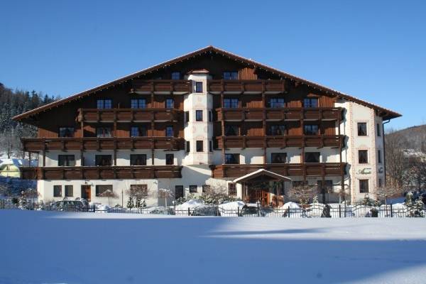 Pokój Hotel ALPEJSKI **** w Karpaczu pod śnieżną kołderką w środku zimy w górach (adres ul. Ogrodnicza 8).